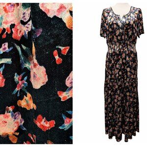Natural Life Womens NWT Sz L Bella Black Velvet Floral Short Sleeves Maxi Dress